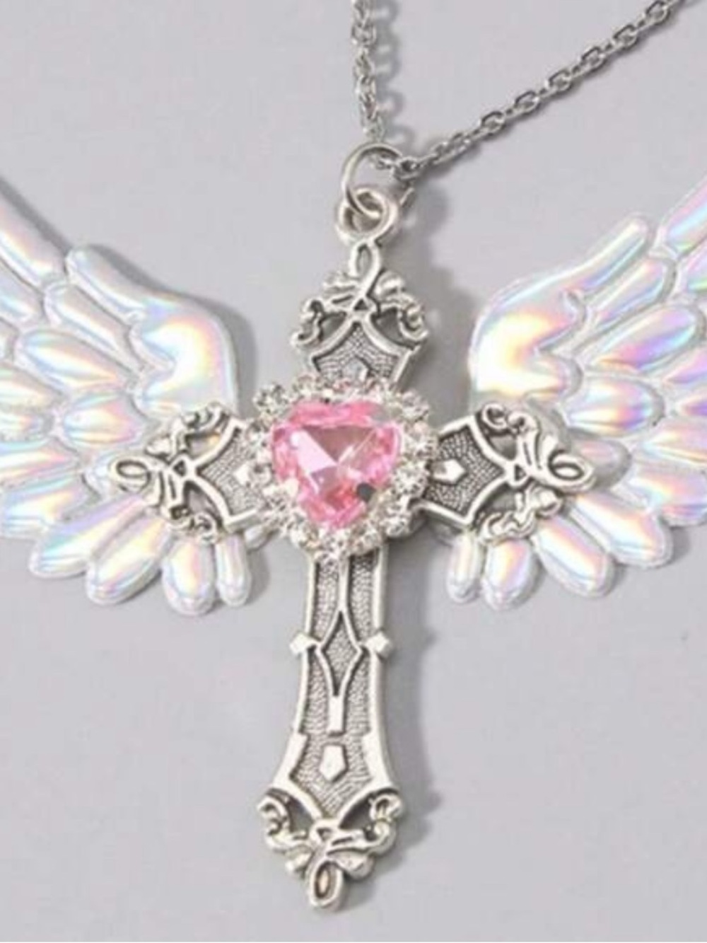 ✝️  CROSS WITH IRIDESCENT ANGEL WINGS NECKLACE WITH PINK HEART RHINESTONE.  ✝️ - Picture 5 of 5